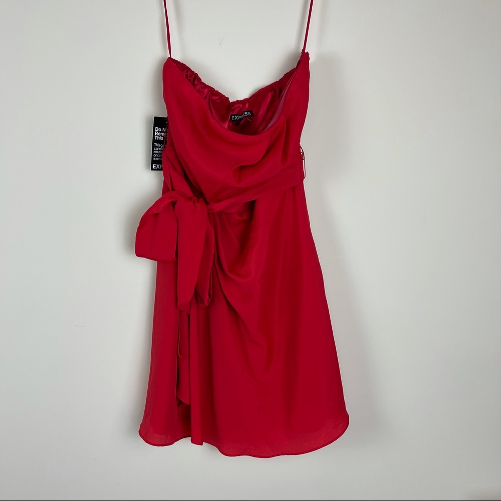 Express satin strapless red belt tie holiday dress